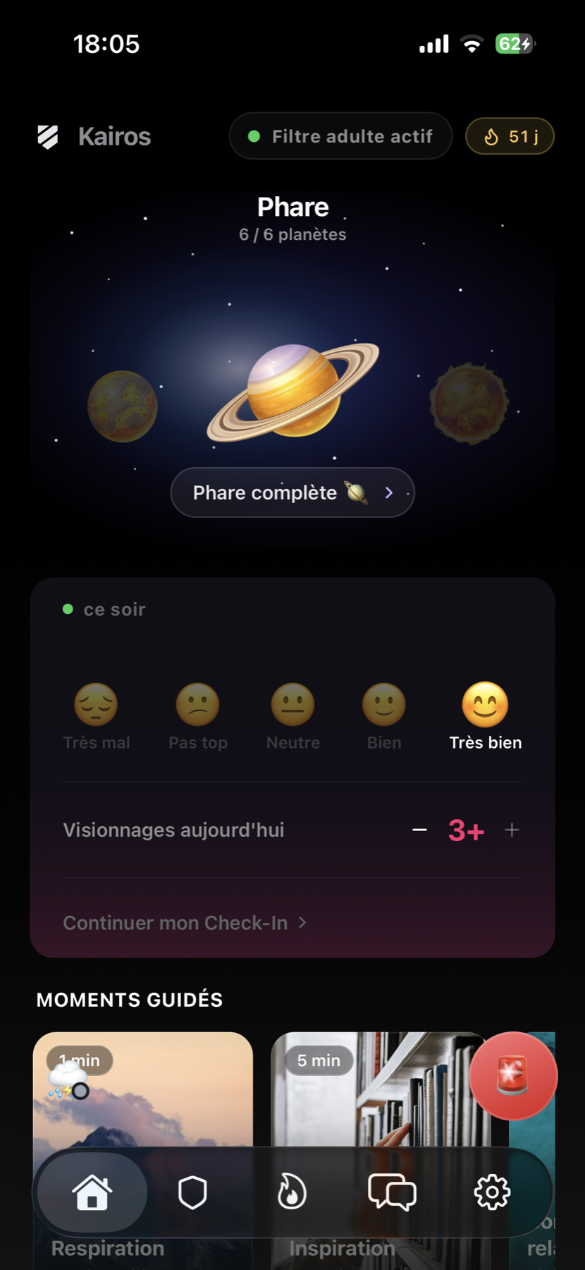 Accueil de Kairos avec la progression par planètes et le filtre adulte actif