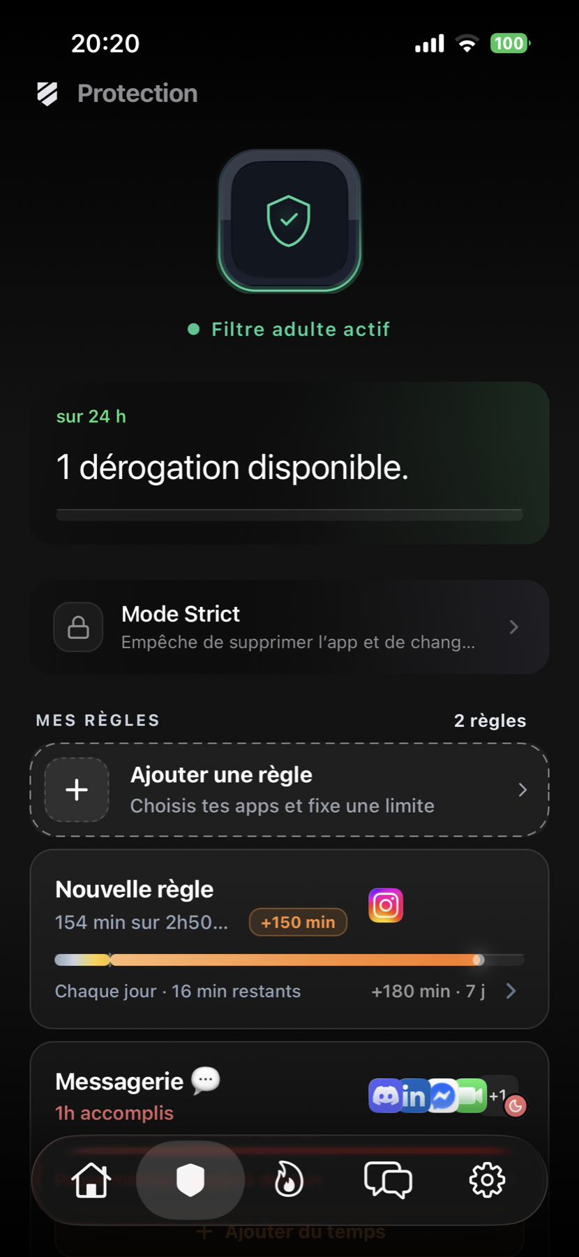 Protection active, mode strict et règles personnalisées dans Kairos